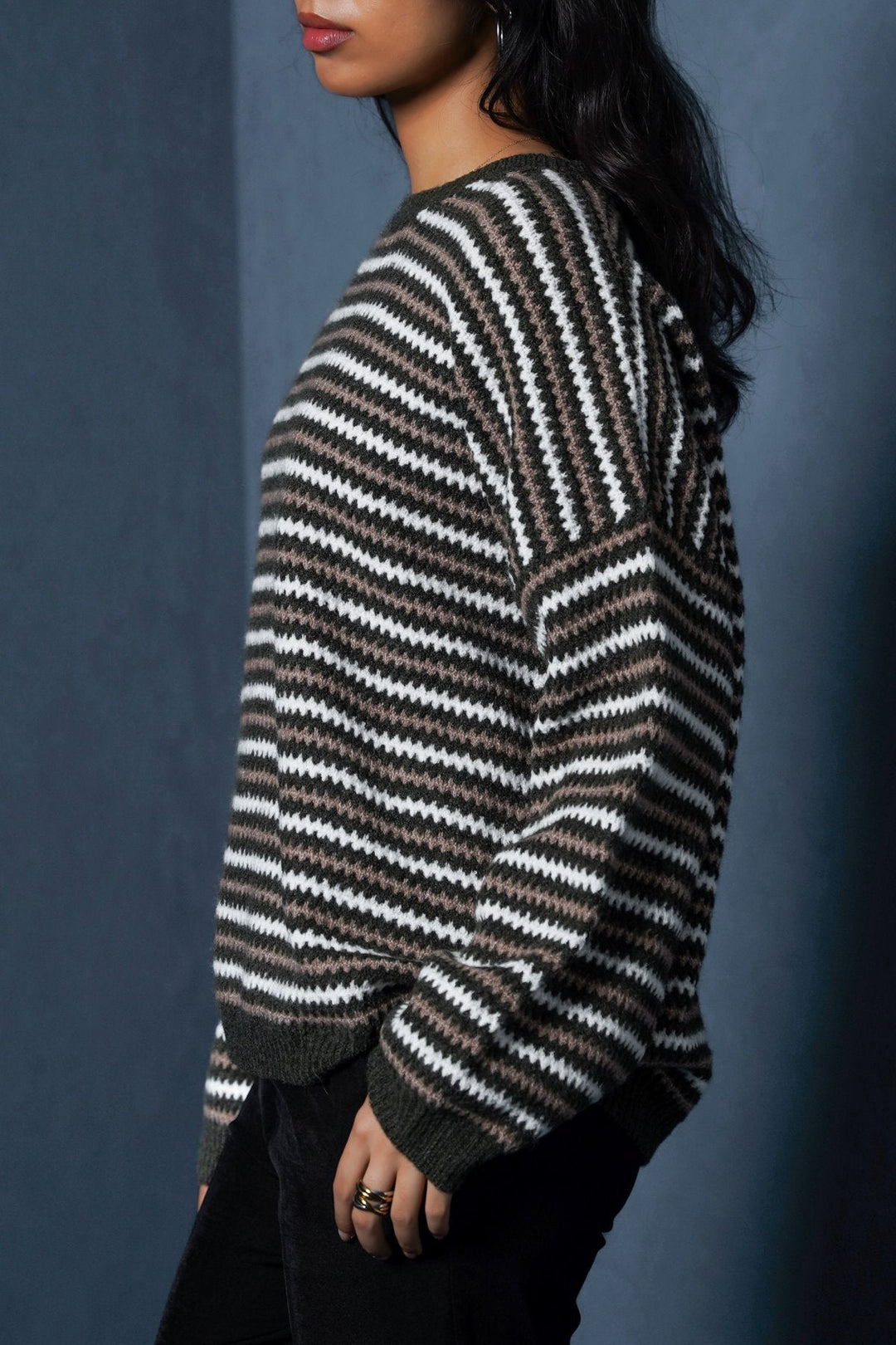 GREEN PINSTRIPE WEAVE SWEATER