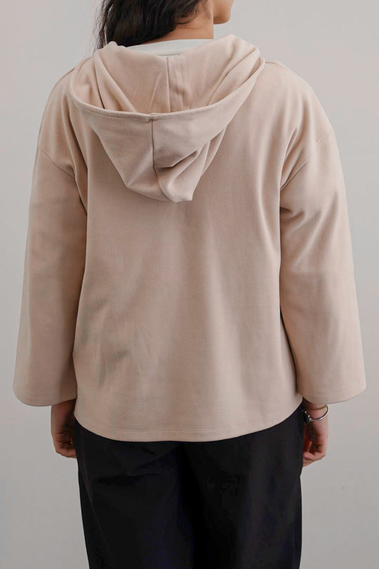 BEIGE SOFT FLEECE PATCH HOODIE