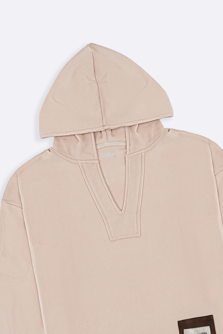 BEIGE SOFT FLEECE PATCH HOODIE