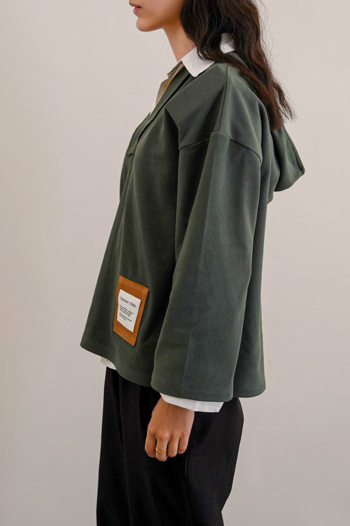 GREEN SOFT FLEECE PATCH HOODIE