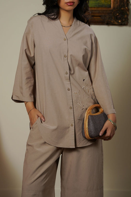 BEIGE BAMBOO LINEN BLEND SHIRT