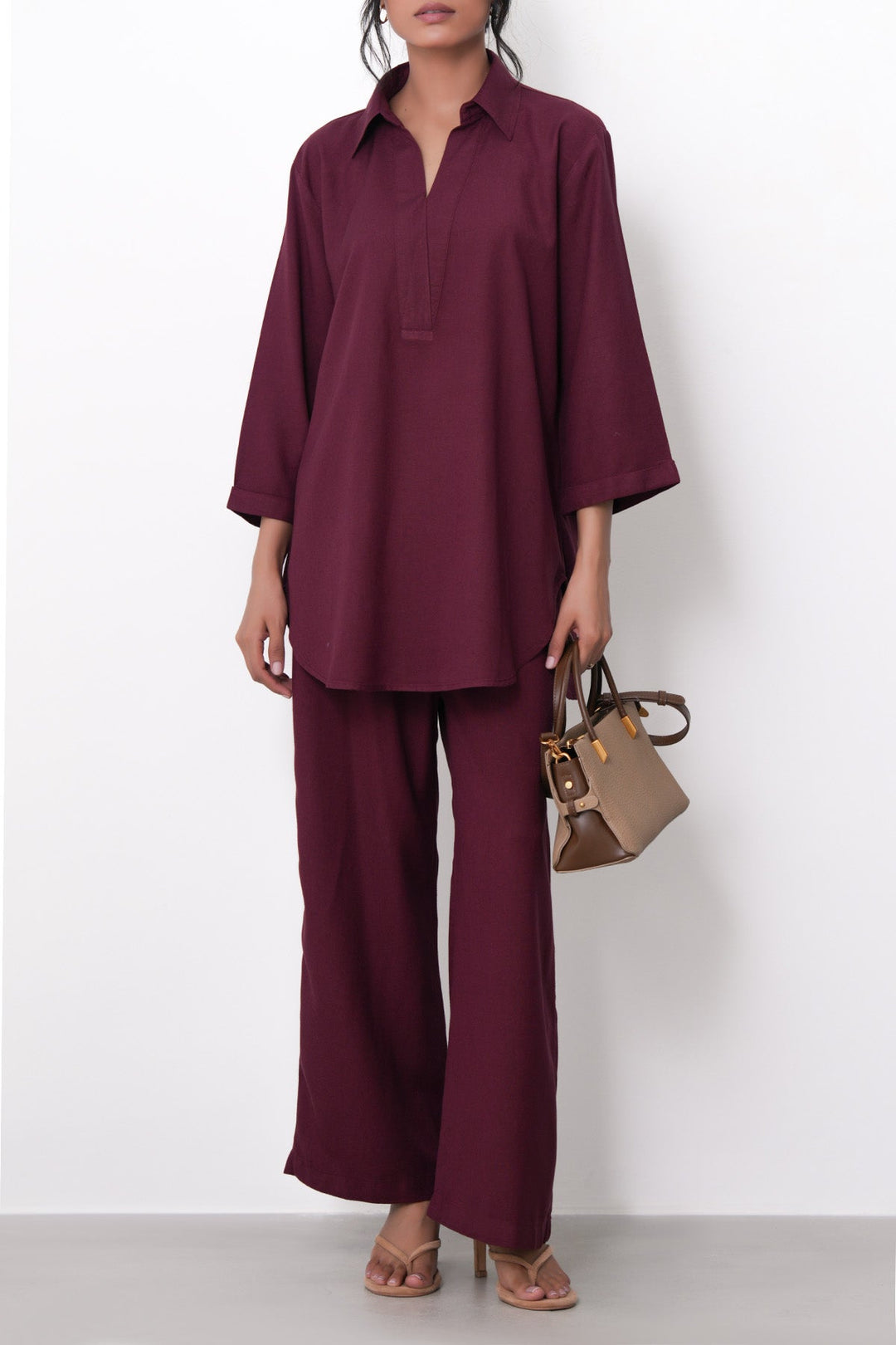 BURGUNDY-STRAIGHT WIDE PANTS