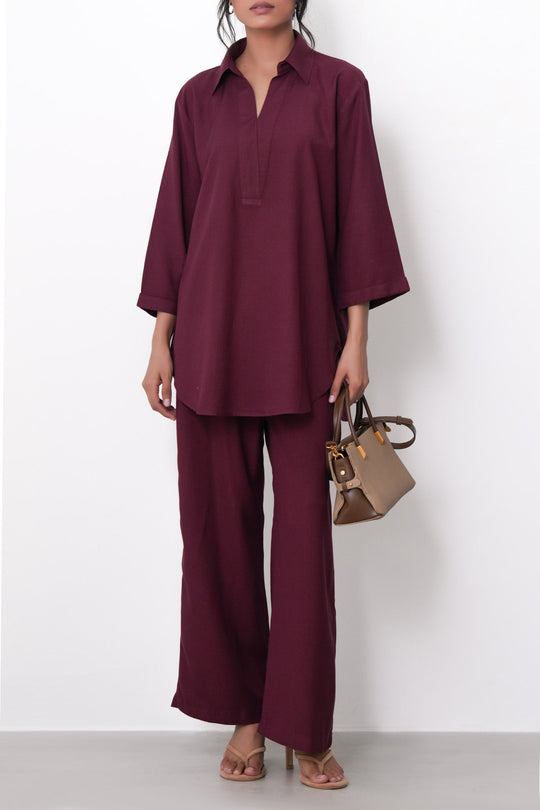 BURGUNDY-STRAIGHT WIDE PANTS
