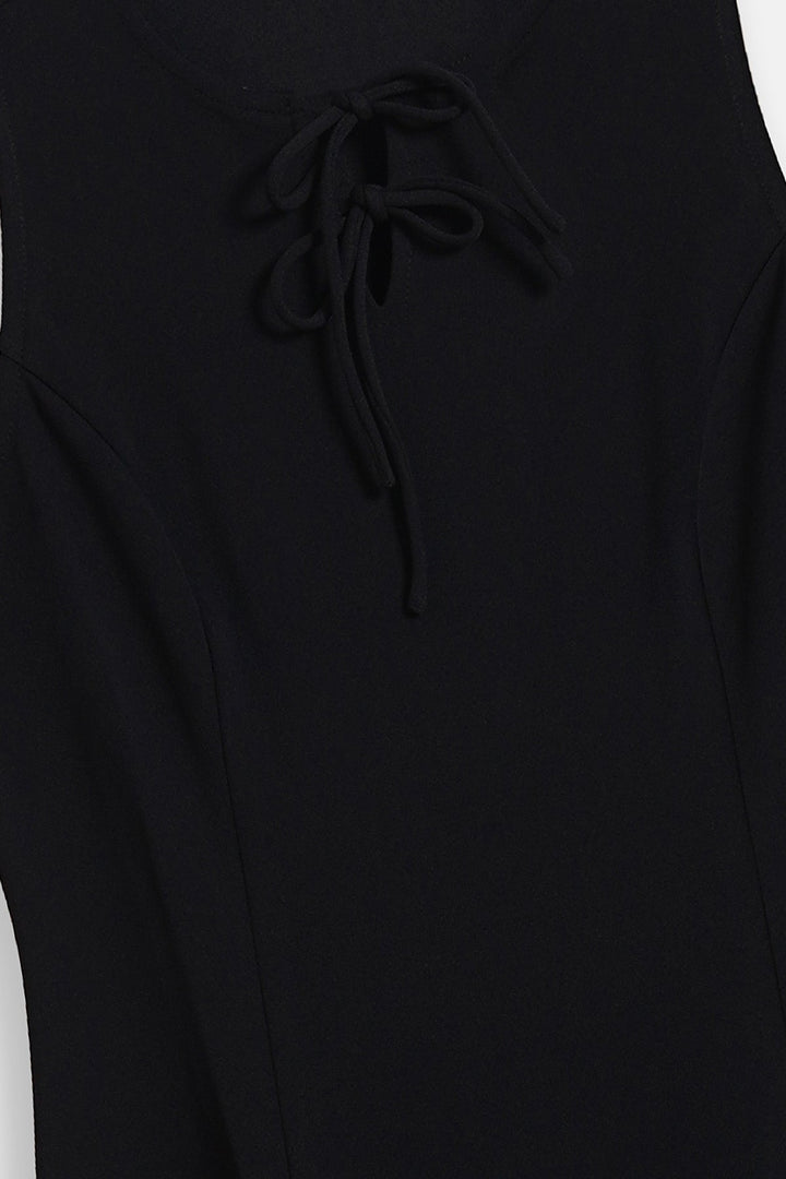 BLACK-FRONT TIE NECK DRESS