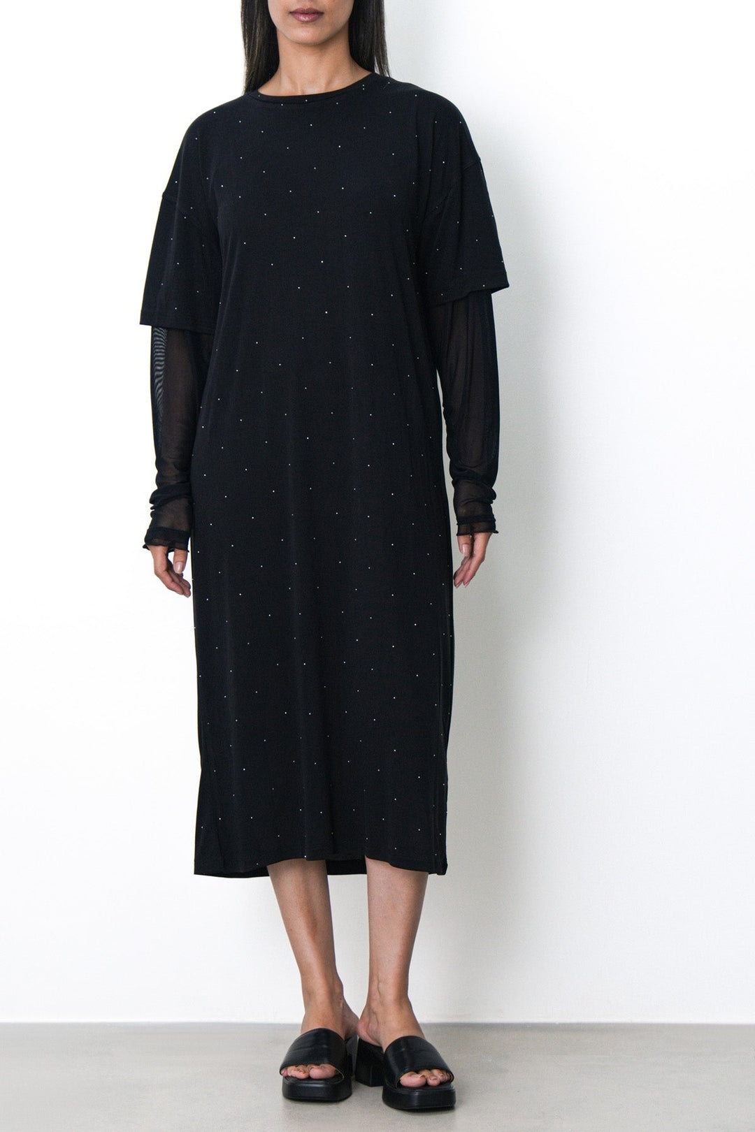 BLACK MESH CUFF MAXI DRESS