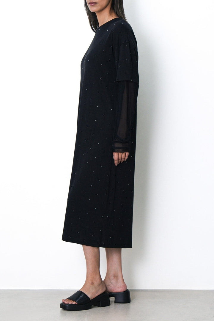 BLACK MESH CUFF MAXI DRESS