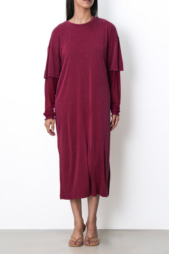 BURGUNDY MESH CUFF MAXI DRESS