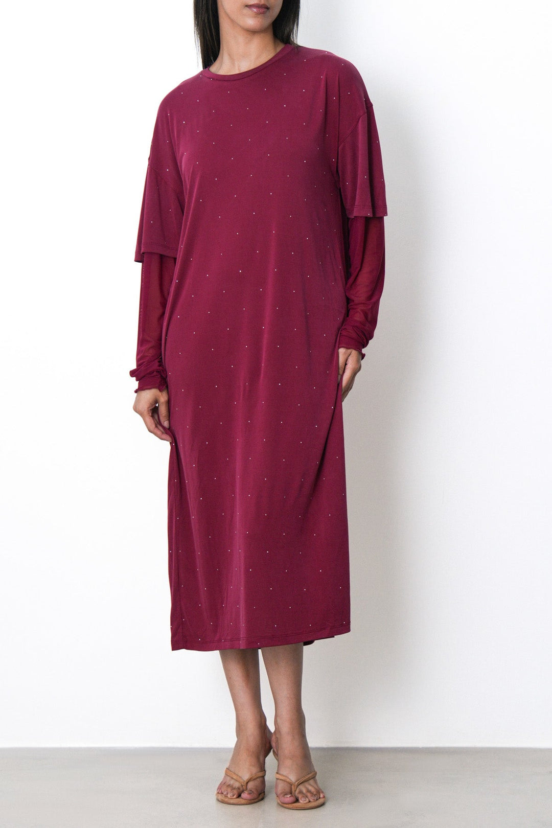BURGUNDY MESH CUFF MAXI DRESS