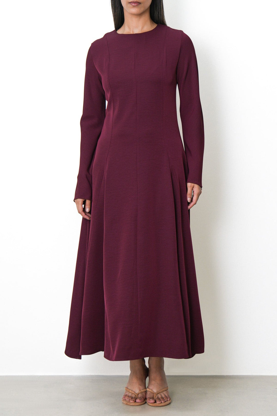 BURGUNDY SCULPT FLARE DRESS