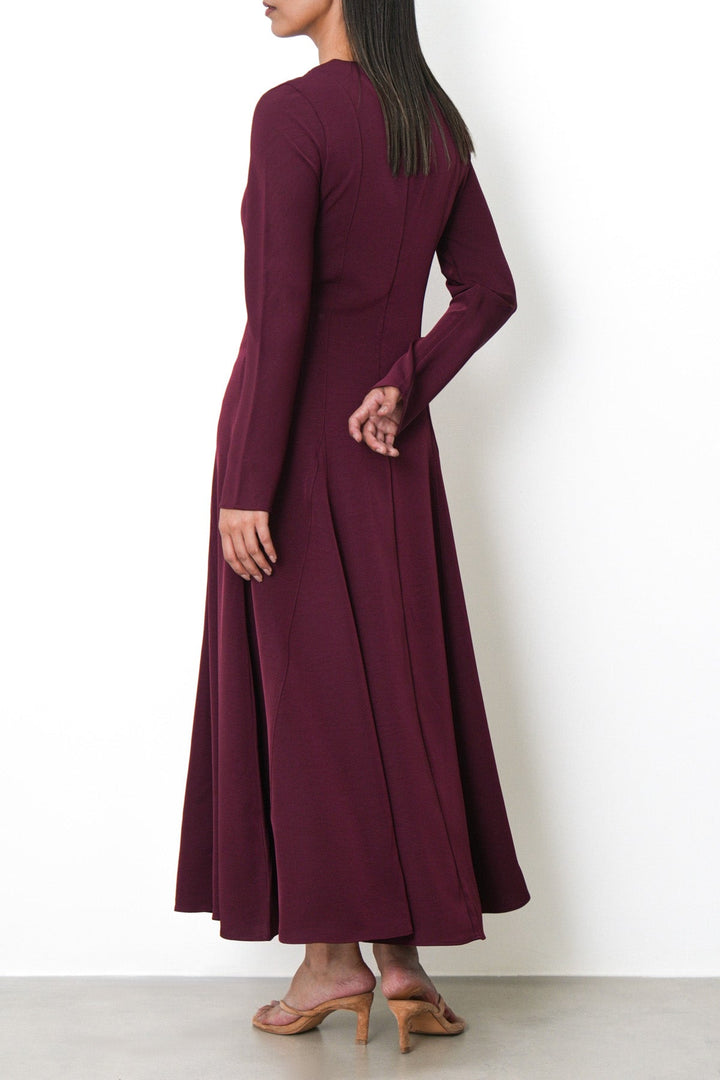 BURGUNDY SCULPT FLARE DRESS