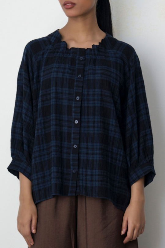 BLUE PLAID LOOSE BLOUSE