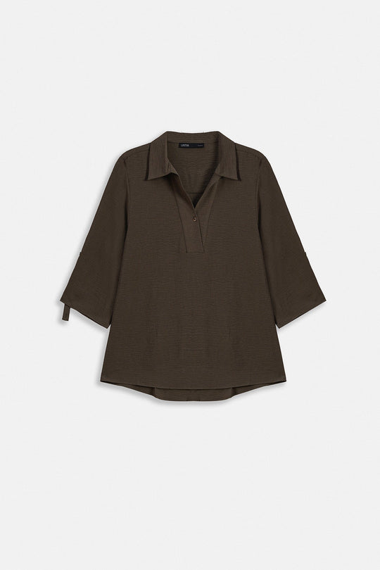 BROWN SLINKY HALF PLACKET BLOUSE