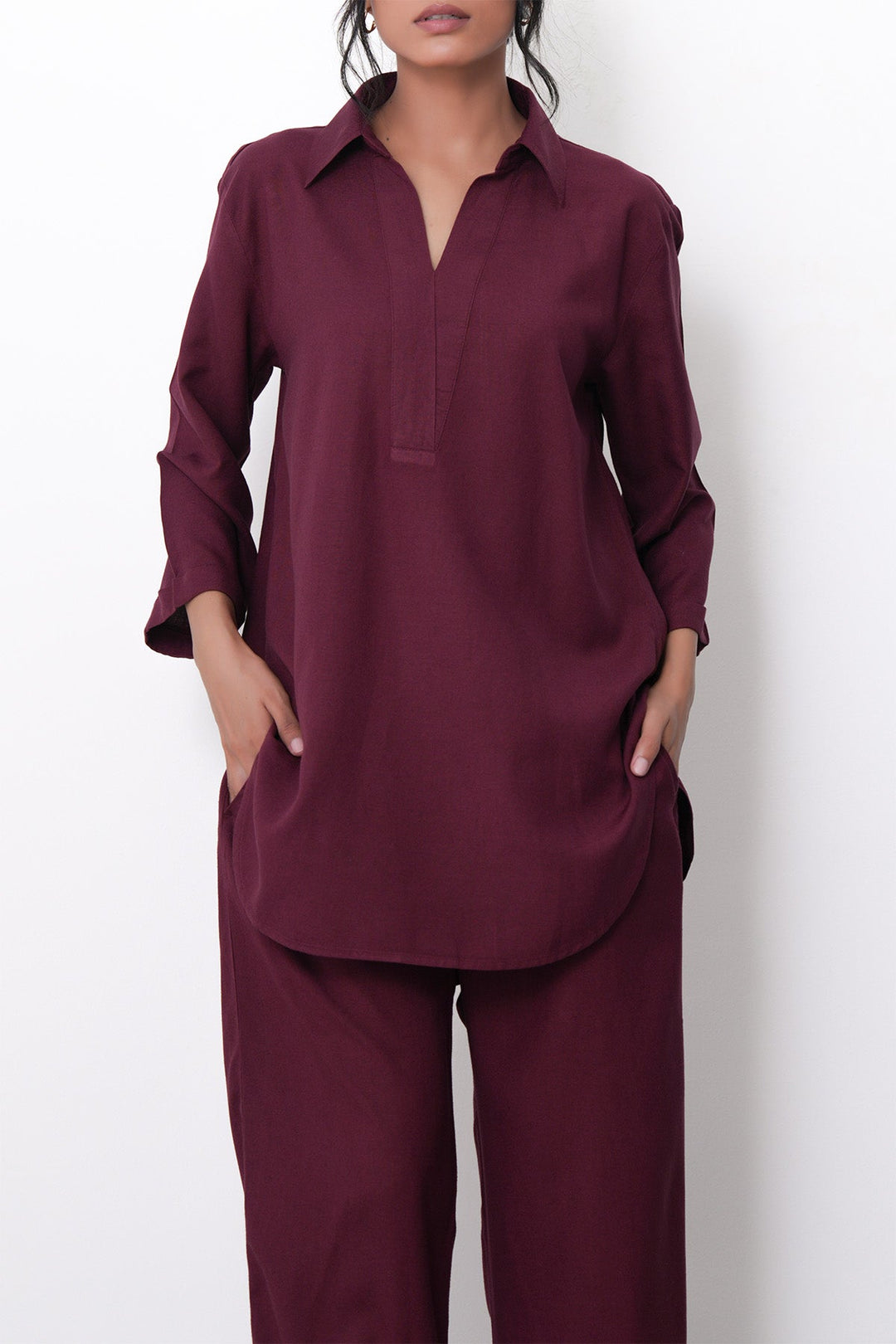 BURGUNDY-RELAXED COLLARED TOP