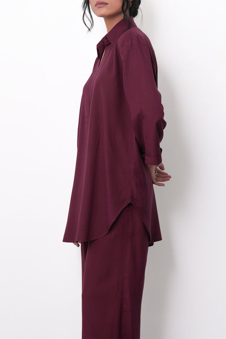 BURGUNDY-RELAXED COLLARED TOP