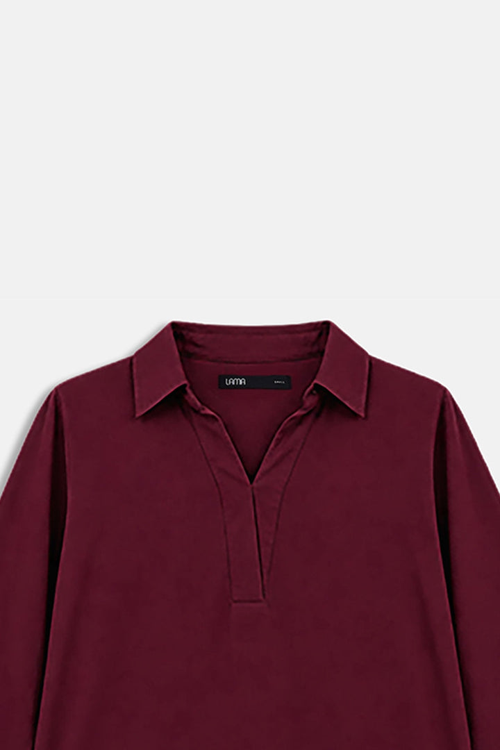 BURGUNDY-RELAXED COLLARED TOP