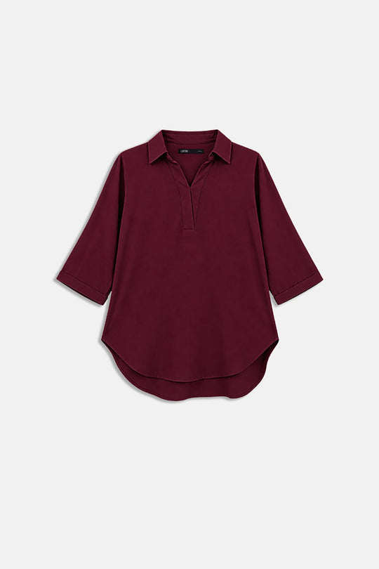 BURGUNDY-RELAXED COLLARED TOP