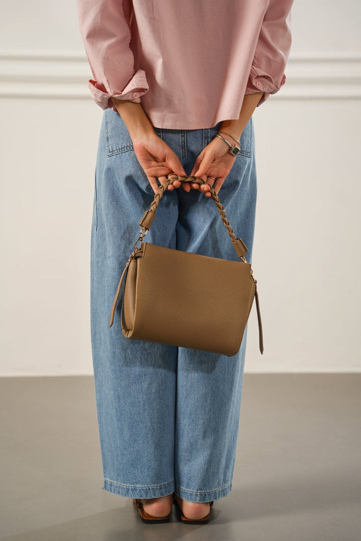 TAUPE BRAIDED TOP HANDLE BAG