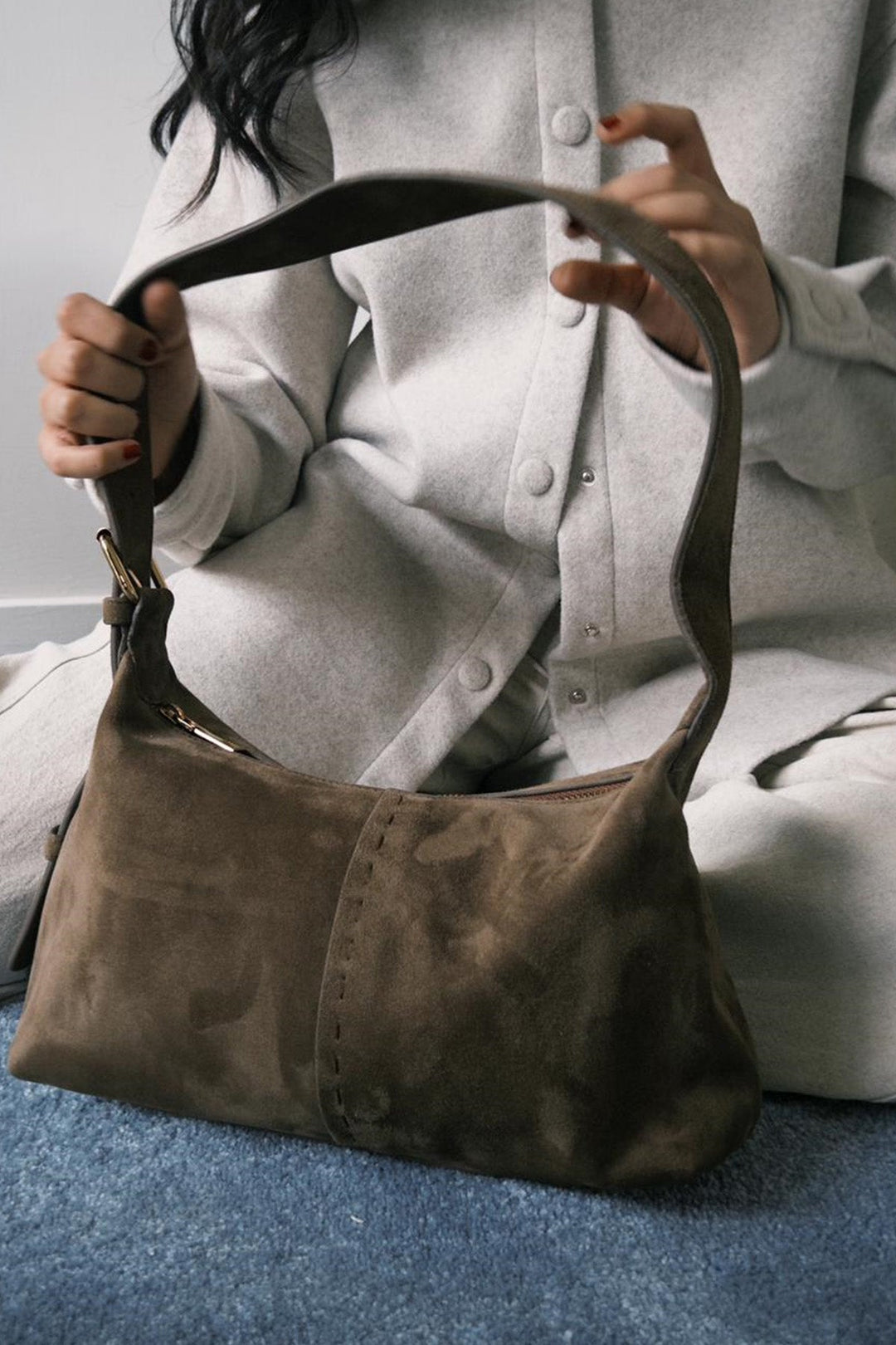 BROWN-TOP STITCH BAG IN GENUINE SUEDE