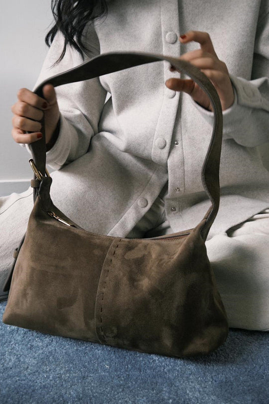 BROWN-TOP STITCH BAG IN GENUINE SUEDE