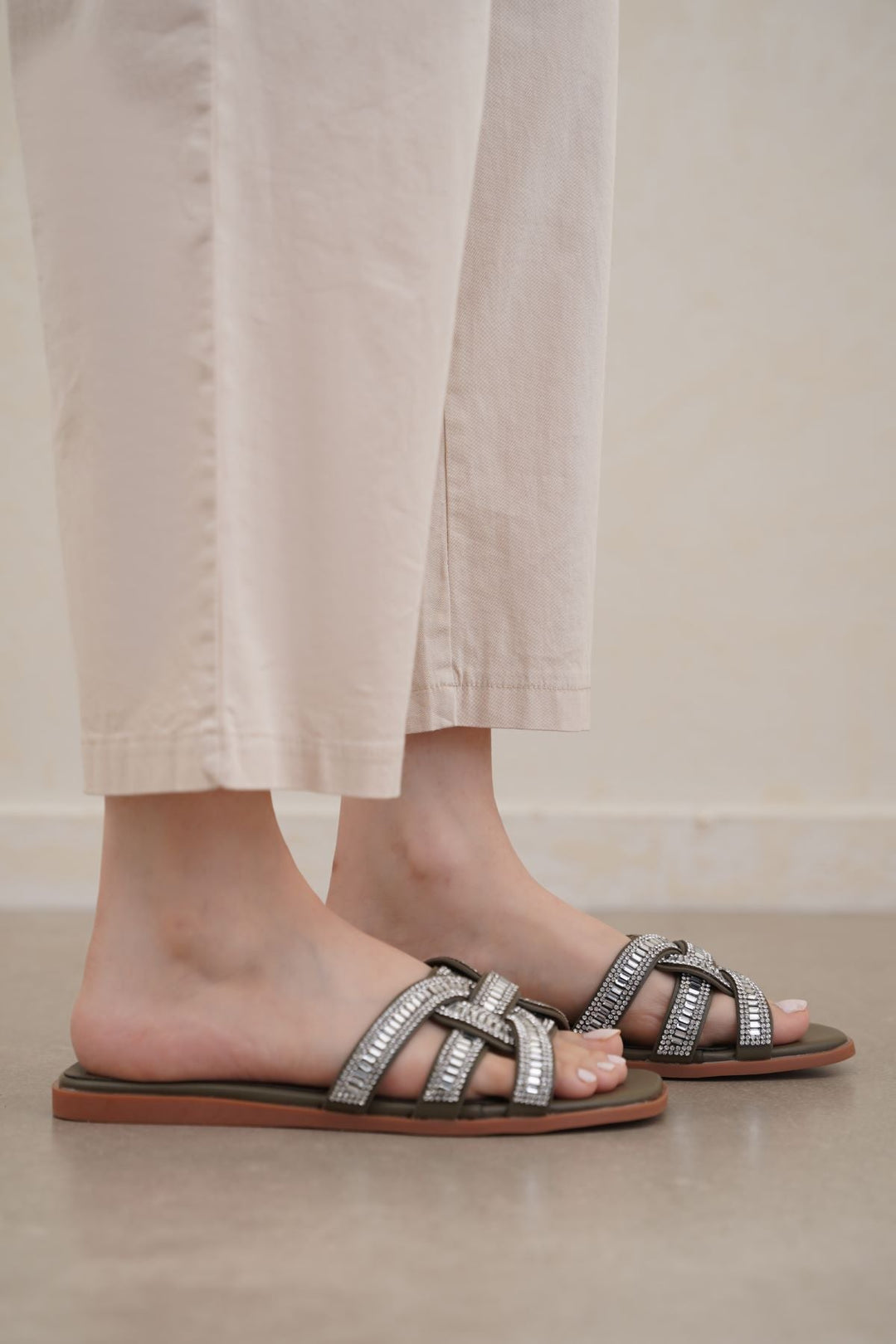 OLIVE CRYSTAL STUDDED SLIDES