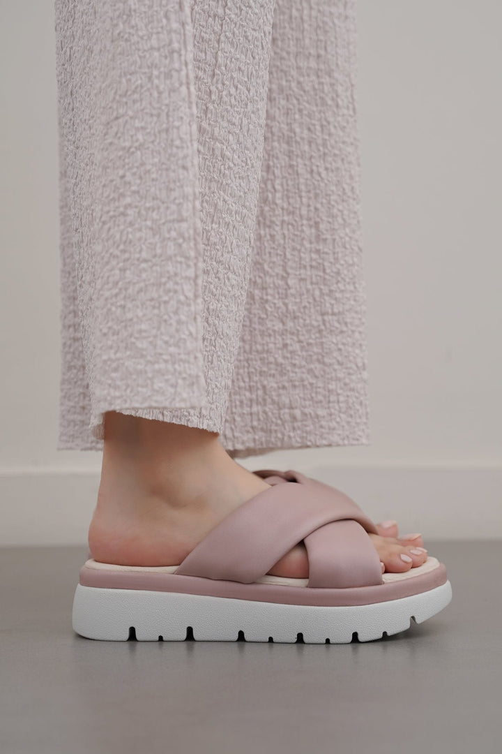 PINK LEATHER MAMA CROSS SLIDES