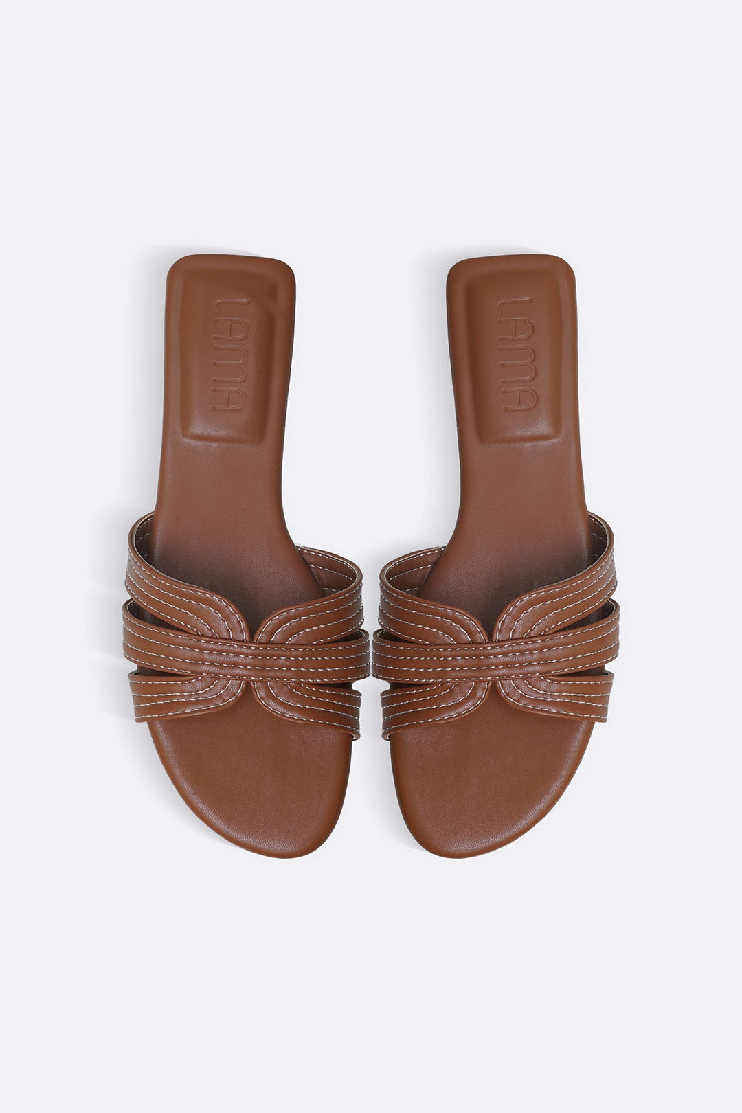 TAN STRAPPY STITCH SLIDES