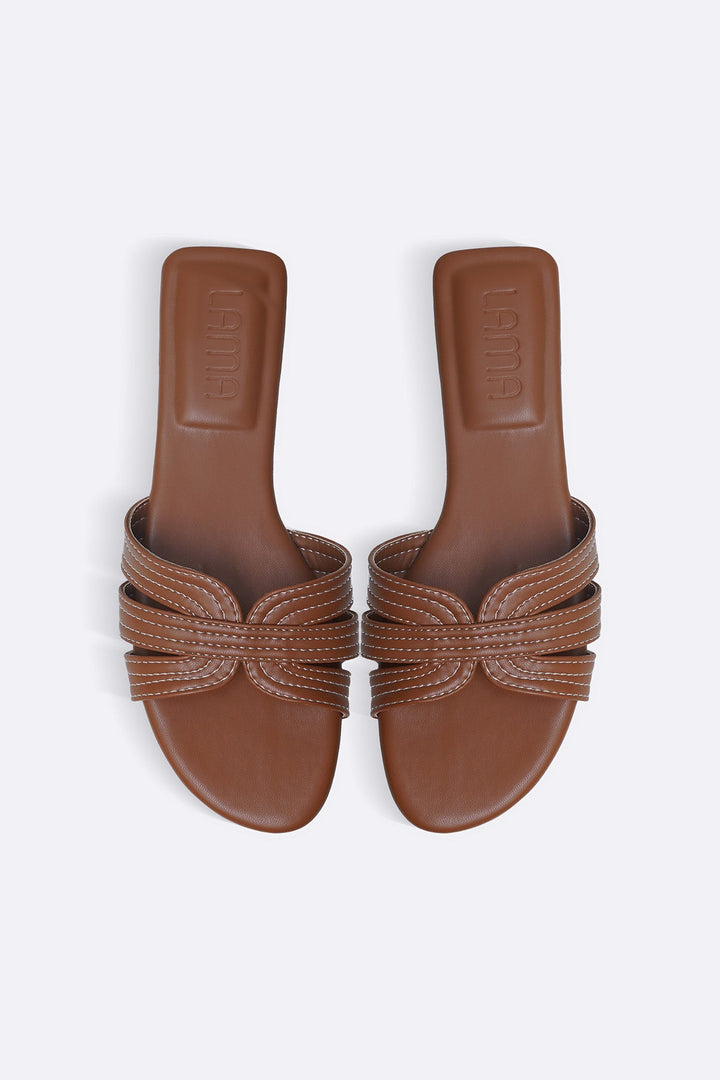 TAN STRAPPY STITCH SLIDES