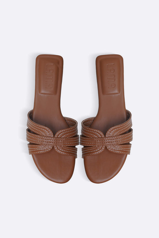 TAN STRAPPY STITCH SLIDES