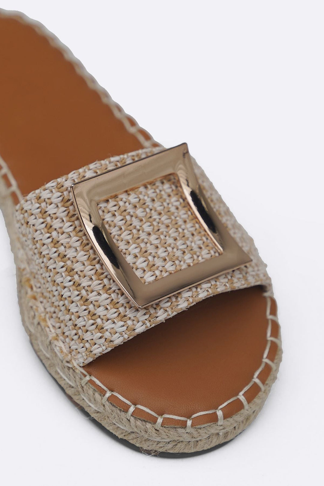 BEIGE ROMA BUCKLE SLIDES