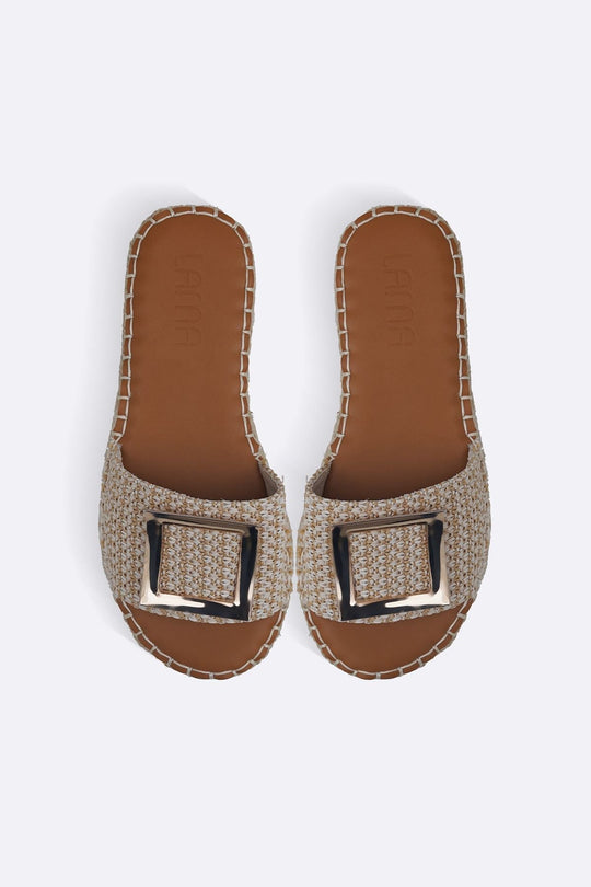 BEIGE ROMA BUCKLE SLIDES