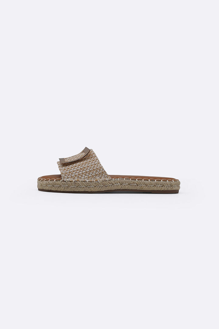 BEIGE ROMA BUCKLE SLIDES