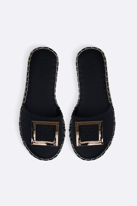 BLACK ROMA BUCKLE SLIDES
