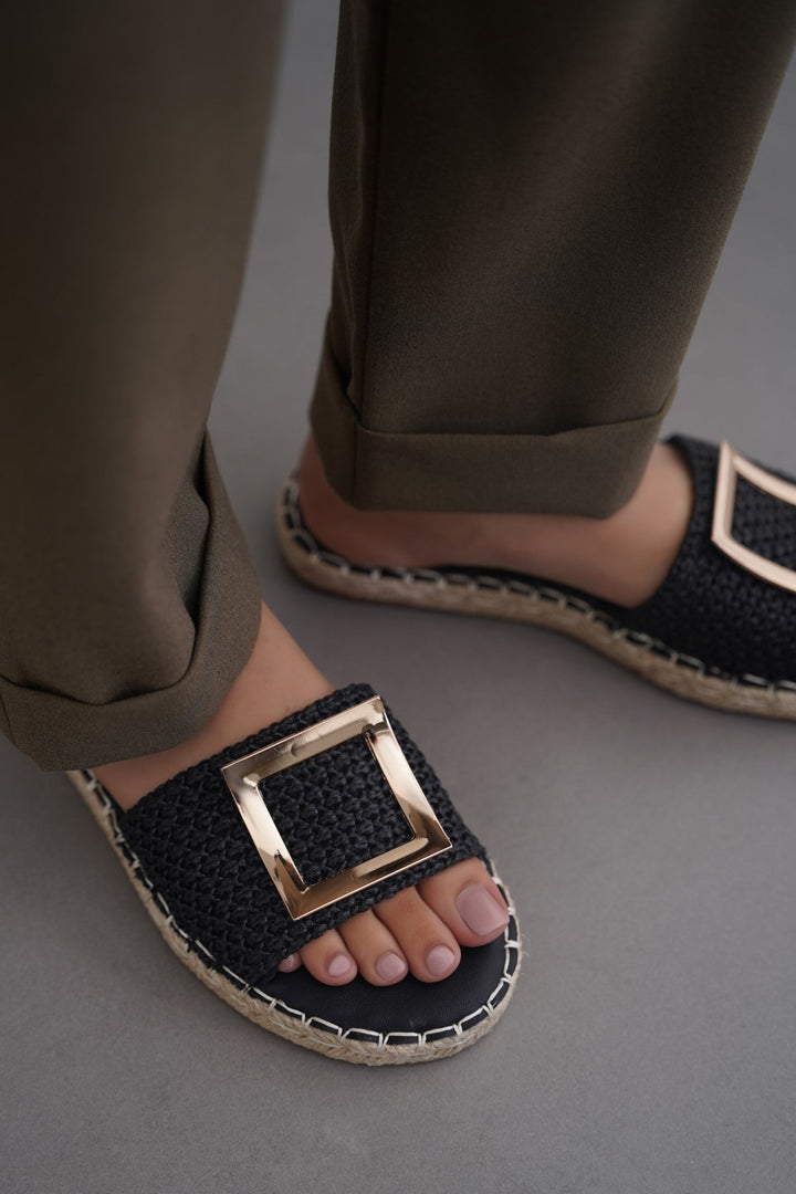 BLACK ROMA BUCKLE SLIDES