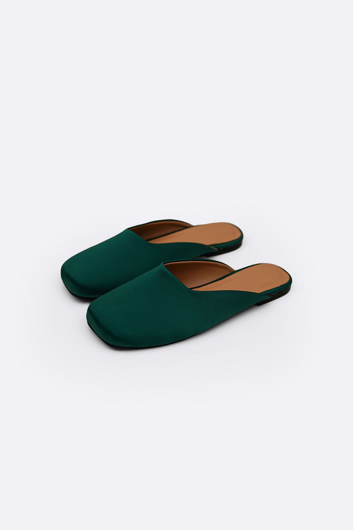 BOTTLE GREEN SATIN MULES