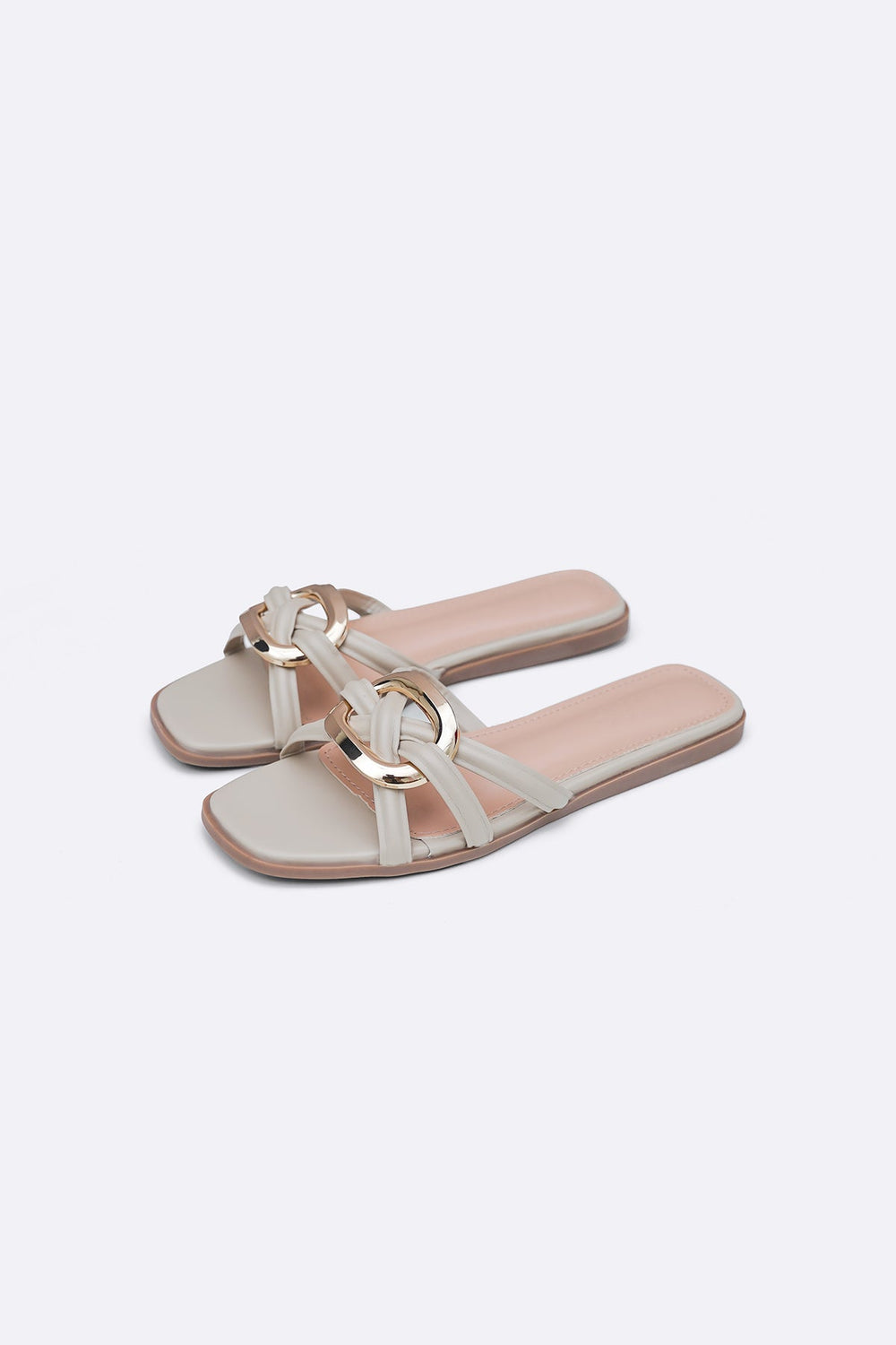 BEIGE DREW BUCKLE SLIDES