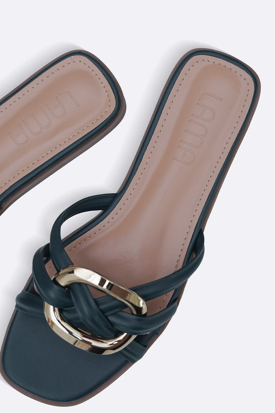 TEAL DREW BUCKLE SLIDES