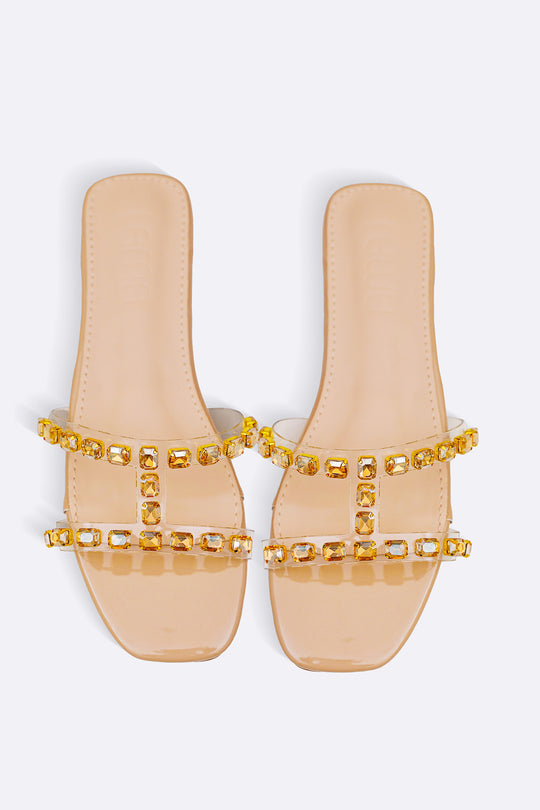 BEIGE SIA STUDDED SLIDES