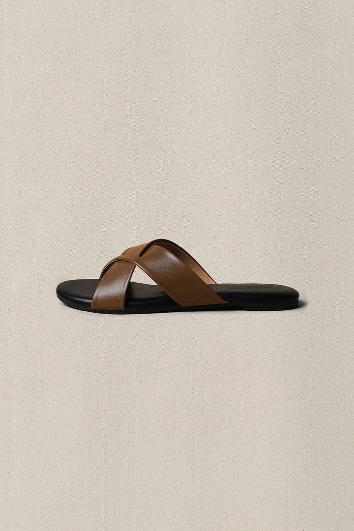TAN CROSS STRAP SLIDES