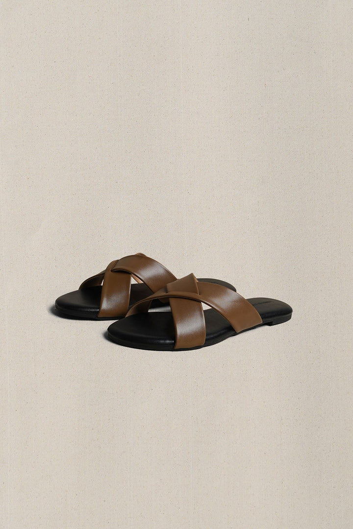 TAN CROSS STRAP SLIDES