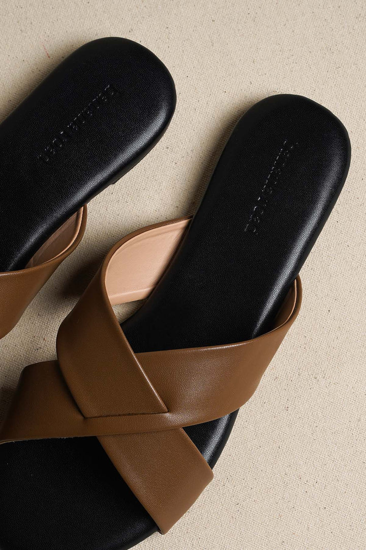 TAN CROSS STRAP SLIDES
