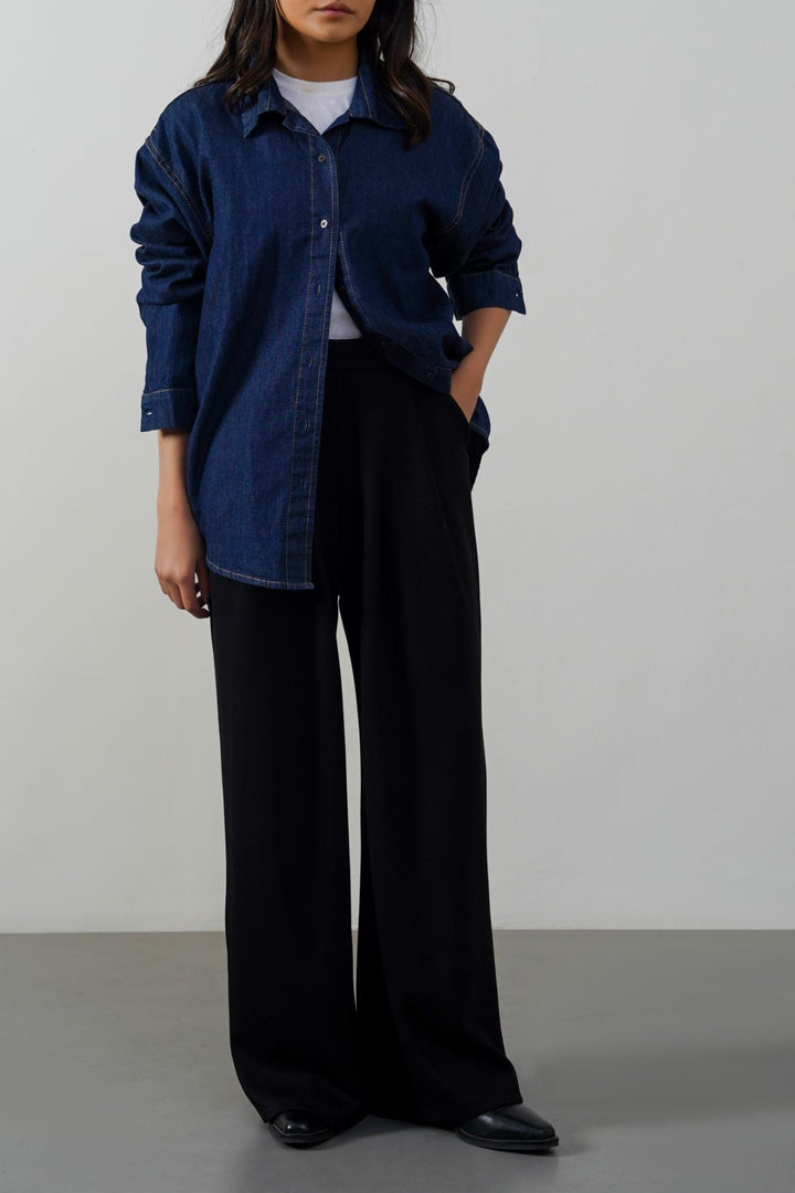 BLACK SOFT-KNIT STRAIGHT TROUSERS